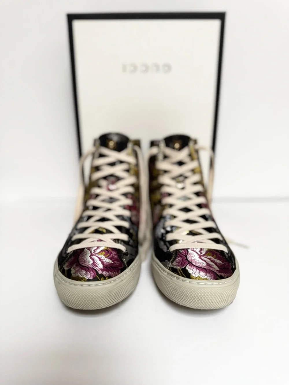Gucci Women’s Sylvie Blind For Love Floral Jacquard High Top Sneakers Size 38.5 - Picture 5 of 13